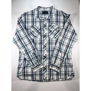 MARC ECKO CUT & SEW White W/ blue & Black Plaid LS Shirt‎ XL Y2K Vtg 90’s Preppy